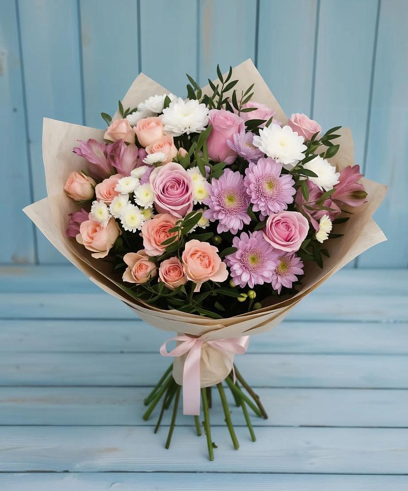 Букет цветов из: Хризантемы, Розы и Альстромерии в Новой Деревне