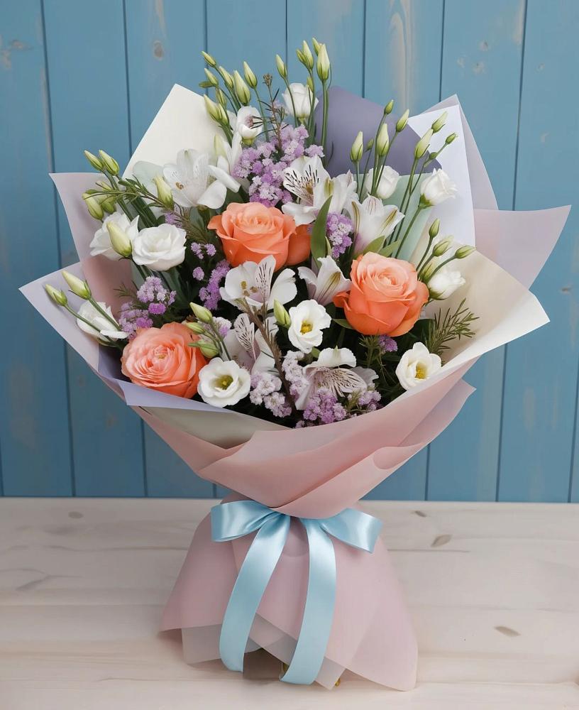 Букет цветов из: Лизиантусы, Розы, Альстромерии и Гипсофила в Новой Деревне