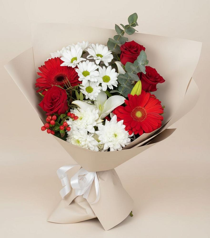Букет цветов из: Розы, Хризантемы, Герберы и Лилии в Новой Деревне